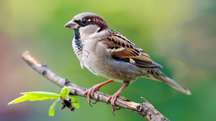 A small bird is perched on the branch of a tree, looking around