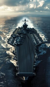 Ultra sharp image of a military navy ship carrier with fighter jets, symbolizing cutting-edge