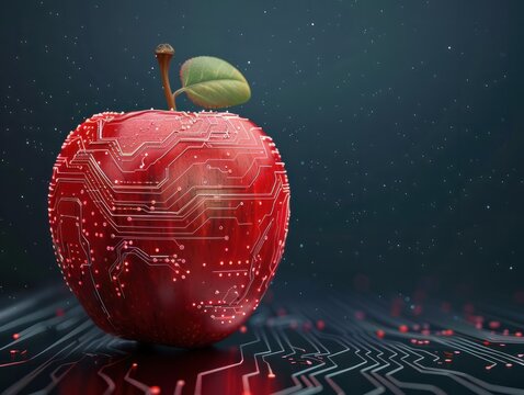 Futuristic red apple fruit with circuit big data technology. AI generated image