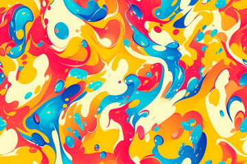 A vibrant and dynamic seamless pattern featuring multicolored swirls and splashes of red, yellow, blue, and white paint.
