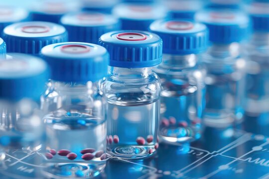 A conceptual image of personalized medicine vials and genetic data, ideal for a banner with ample space for copy