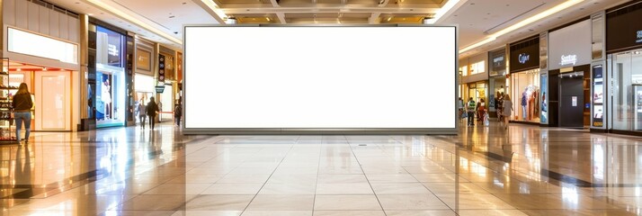 Vast white mockup screen in lively shopping center, formatted wide banner