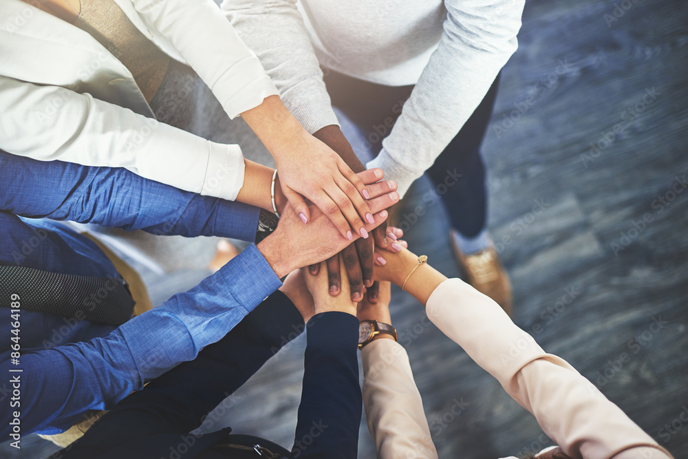 Poster employees, office and pile of hands for support with smile for growth or deal, teamwork and collabor