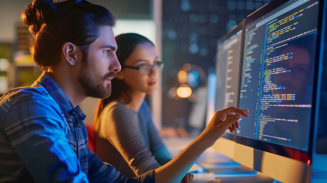 Web developers using a computer together in an office