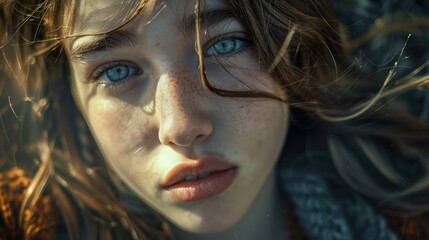 A close-up shot of a woman's face with visible freckles