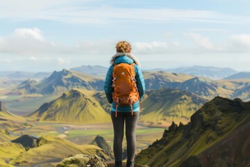 Naklejka premium A lone female traveler stands on a hilltop, her back to us, looking out over a vast valley