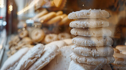   A stack of doughnuts on display in a bakery