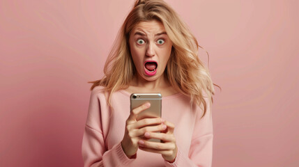 
WOW. Beautiful woman looks at mobile phone with surprised open mouthed expression as she wins prize, earns money, sees unbelievable post on social media, watches shocking video, or finds special offe