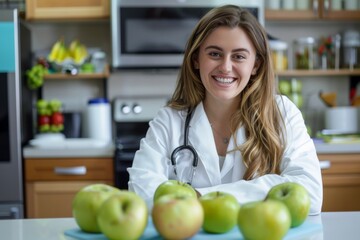 Bright smile nutritionist promotes wellness with green apples.