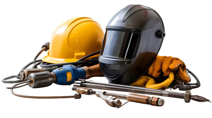 Welders workshop setup with welding mask and metal, PNG file, transparent background, isolated on white