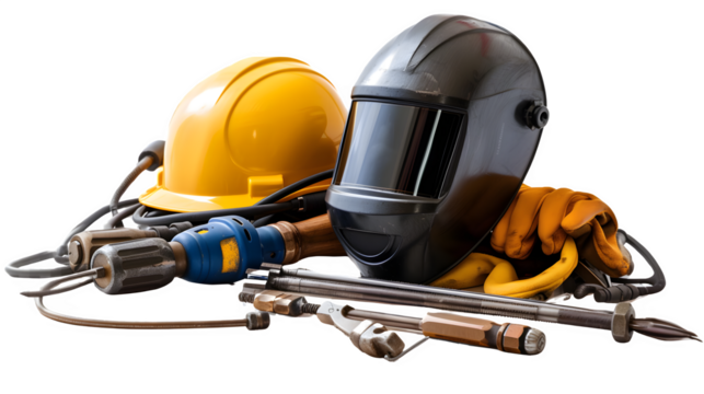 Welders workshop setup with welding mask and metal, PNG file, transparent background, isolated on white