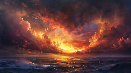 Twilight sky with dark, stormy clouds hover over the ocean. The setting sun paints the sea in fiery hues.