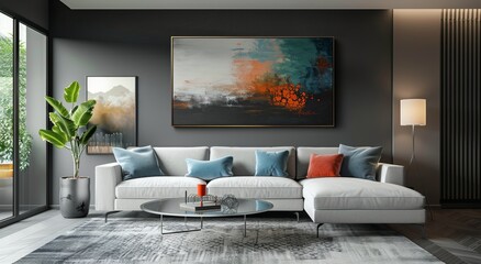 Modern Living Room Interior Design With Abstract Orange and Grey Artwork