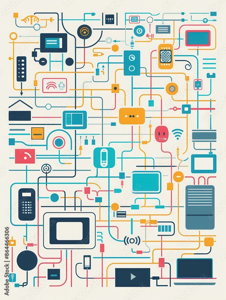 Poster an illustration depicting interconnected network devices and smart home gadgets, showcasing data flo