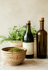 Mung beans or golden beans in a bowl on the table, on a background of butter and rosemary, vertical poster of cooking traditional dishes