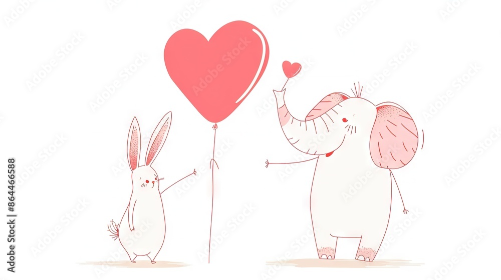 Wall mural two elephants stand side-by-side, a heart-shaped balloon adorning their head