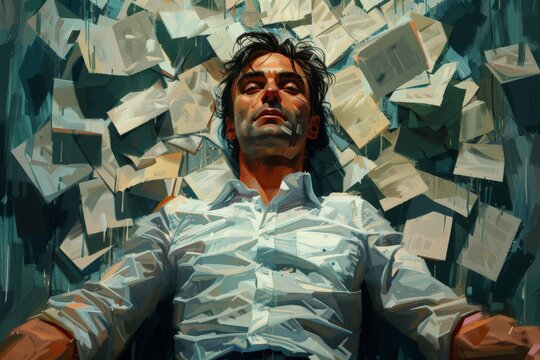 A dramatic image of a man lying on the floor with papers scattered around him, symbolizing stress and chaos, done in a unique, painted art style, invoking strong emotions.
