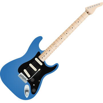 An image of a common 6 Strings Double Cut Electric Guitar with Pickguard, 3 Single Coil Pickups, a Tremolo Bridge, a 5-ways Selector, a Blend Mode Switch, 1 Volume, 1 Tone, and without background.