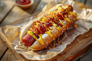 A hot dog topped with yellow mustard and bright red ketchup