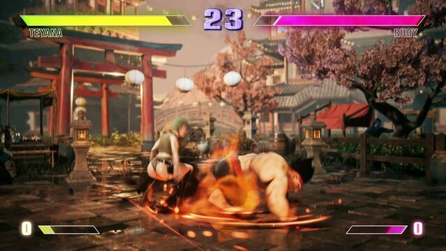Player losing a challenging fight in a modern melee battle video game. Female Character Losing a mission in a new fighting game. Lose screen after defeat in the fighting game round. Martial Arts.