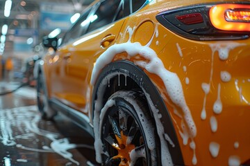 Yellow Car Covered in Soap Suds During Wash