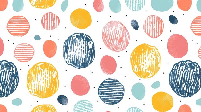 Geometric summer themed childlike pattern with rounded shapes Hand drawn pencil drawing with repeating composition of shapes for fabric print.