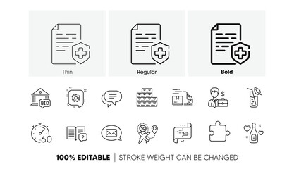 Wholesale inventory, Love champagne and Text message line icons. Pack of Medical certificate, Delivery truck, Timer icon. Puzzle, Messenger, Bid offer pictogram. Flight sale. Line icons. Vector