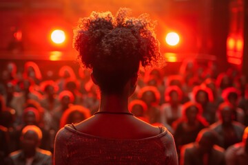 Woman Speaking to a Large Crowd in a Red Lit Auditorium