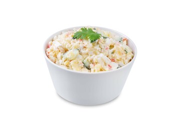 Japanese potato salad in a bowl on a white isolated background