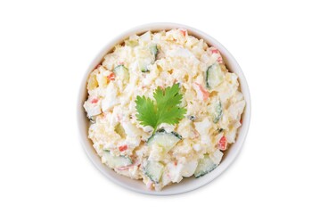 Japanese potato salad in a bowl on a white isolated background