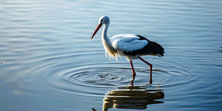 White Stork in the Water. Concept Wildlife Photography, Bird Watching, Nature Conservation, Wetland Habitat, Animal Behavior