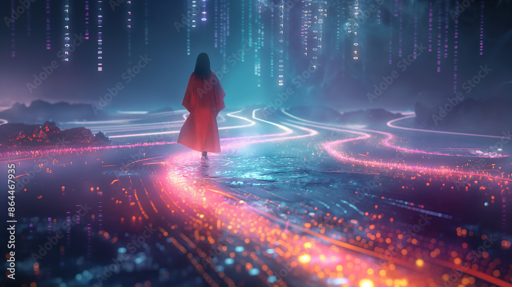 Wall mural An Asian woman walking gracefully on a flowing river made of glowing binary data 