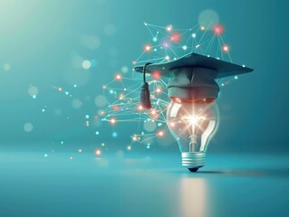 Futuristic smart education with bachelor cap and light bulb on blue background. AI generated image