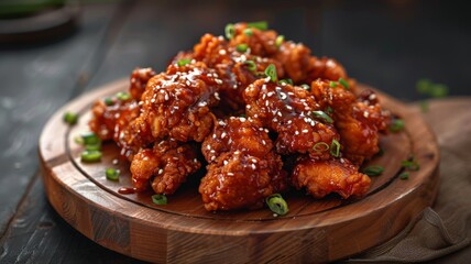 Fototapeta premium Spicy and Sweet Korean Chicken Feast. Perfectly garnished with sesame seeds and green onions.
