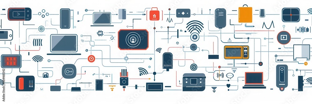 Aufkleber a colorful illustration depicting a network of smart home devices, connected by abstract lines symbo
