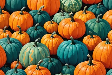 Pattern art with a lot of orange and turquoise pumpkins. Banner with autumn composition. Farming, harvest, agriculture concept. Thanksgiving day, Halloween, holiday autumn decor, festive decoration