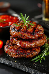 Hamburger cutlets cooked on the grill, vertical shot of juicy cutlets
