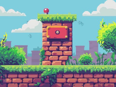 Pixel art game background with button level up. Game design concept in retro style. Vector illustration. Game screen pixel