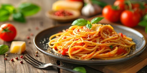 Savor the Flavors of Italian Spaghetti with Tomato Sauce, Cheese, and Basil. Concept Italian Cuisine, Spaghetti Recipe, Tomato Sauce, Cheese, Basil