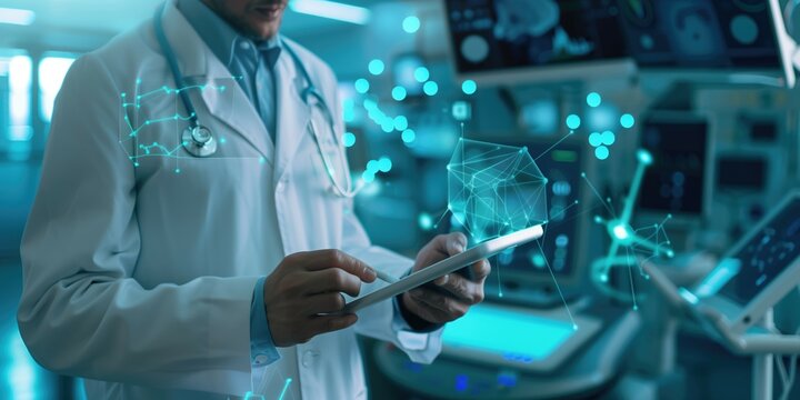 Futuristic medical science background with doctor working with technology tablet with digital overlay in light blue and WHO healthcare copyspace background