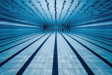 An aquatics center with swimming lanes ready for competition, perfect for a banner with ample space for copy