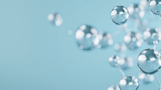 Artistic molecular structure, metallic spheres and connecting rods, blue background, intricate design illustrating scientific and chemical principles