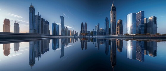 Ultra sharp photo showcasing sleek modernity of skyscrapers in a smart city's financial hub