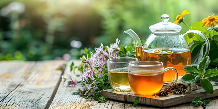 Promoting Alternative Medicine with a Dark Wooden Table Featuring a Teapot, Herbal Tea, and Medicinal Plants. Concept Alternative Medicine, Teapot, Herbal Tea, Medicinal Plants, Dark Wooden Table