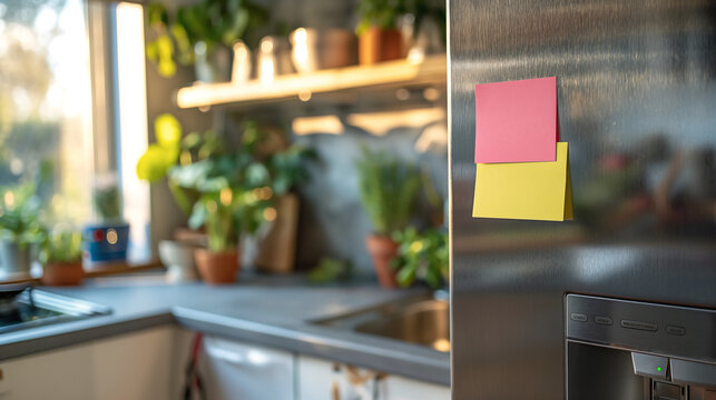 a colorful blank note stuck on a sleek, stainless steel refrigerator door. 
