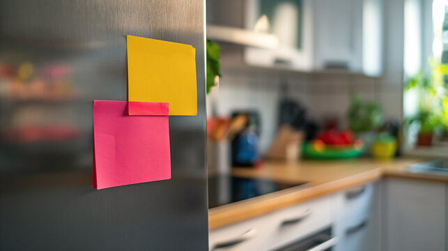 a colorful blank note stuck on a sleek, stainless steel refrigerator door. 