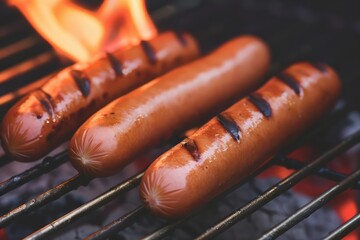 Hot dogs grilling over an open flame, perfect for an Independence Day banner with space for text
