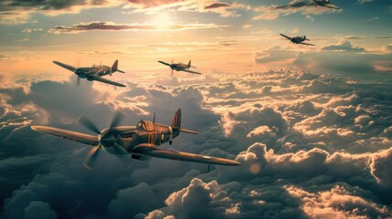 A nostalgic National Aviation Day poster featuring classic World War II fighter planes in a dramatic dogfight above the clouds.