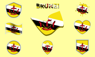 Collection of flat national flags of Brunei with map