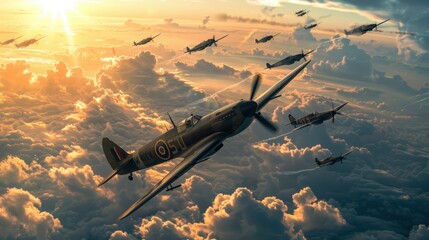 A nostalgic National Aviation Day poster featuring classic World War II fighter planes in a dramatic dogfight above the clouds.